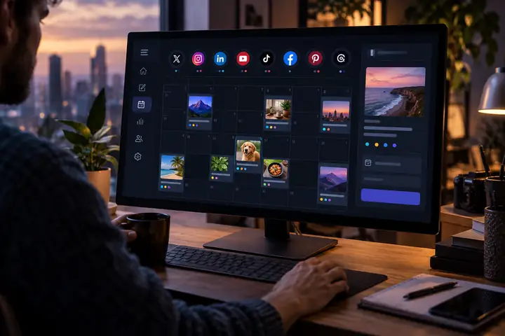 Clean dark social media scheduling interface displayed on a desktop screen, with a calendar and colorful channel icons.