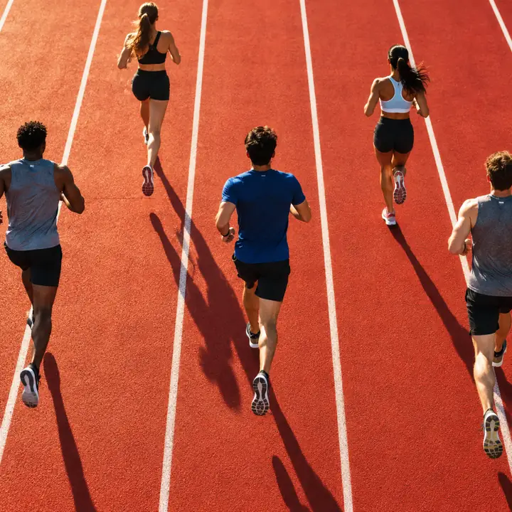 Graphic red running-track lanes in warm sunlight.