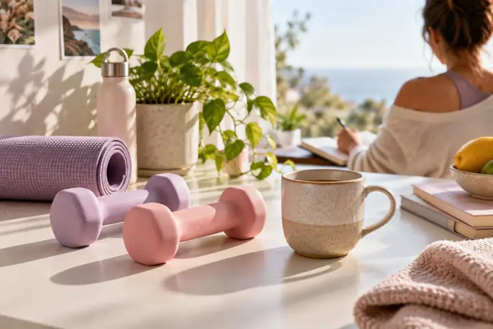 Pastel exercise weights and a ceramic cup on a bright tabletop.